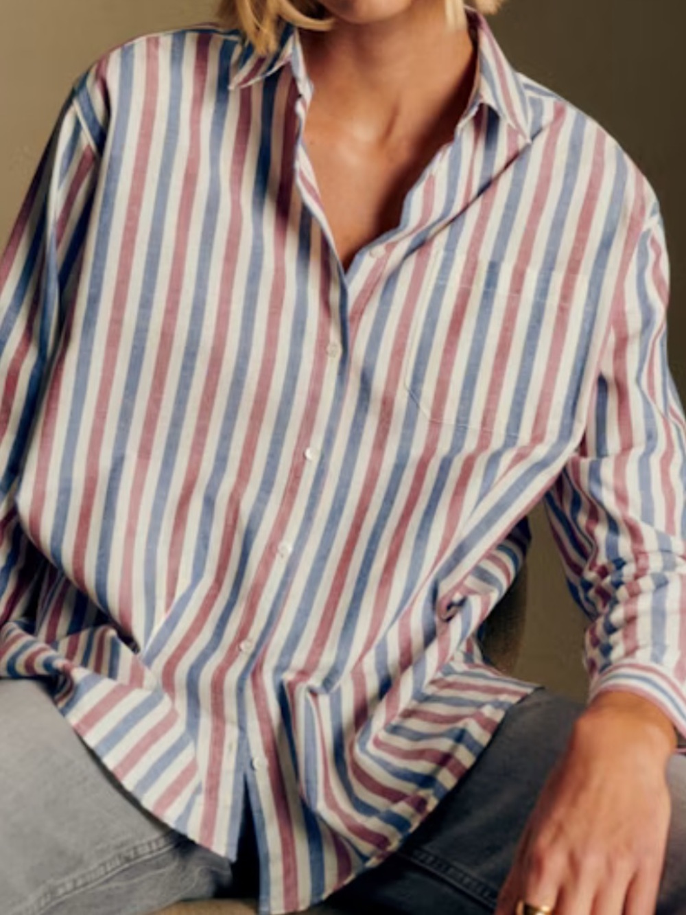 Sezane Max Striped Button-Down Shirt in Blue, Red, and White